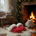 Cozy holiday morning scene A pair of red and white Nordic-patterned slippers sit on a plush, cream-colored rug beside a crackling fireplace A steaming mug of hot cocoa rests on a weathered wooden side table, alongs.png