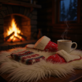Soft focus, close-up lifestyle shot A cozy, warmly lit cabin interior at twilight, a plush sheepskin rug in the foreground Scattered across the rug, a half-finished knitting project in winter colors, a steaming mug.png